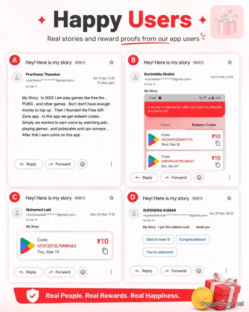 Some user submitted success stories and email confirmations.