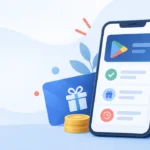 Smartphone rewards dashboard with gift cards and coins for Google Play giveaway updates