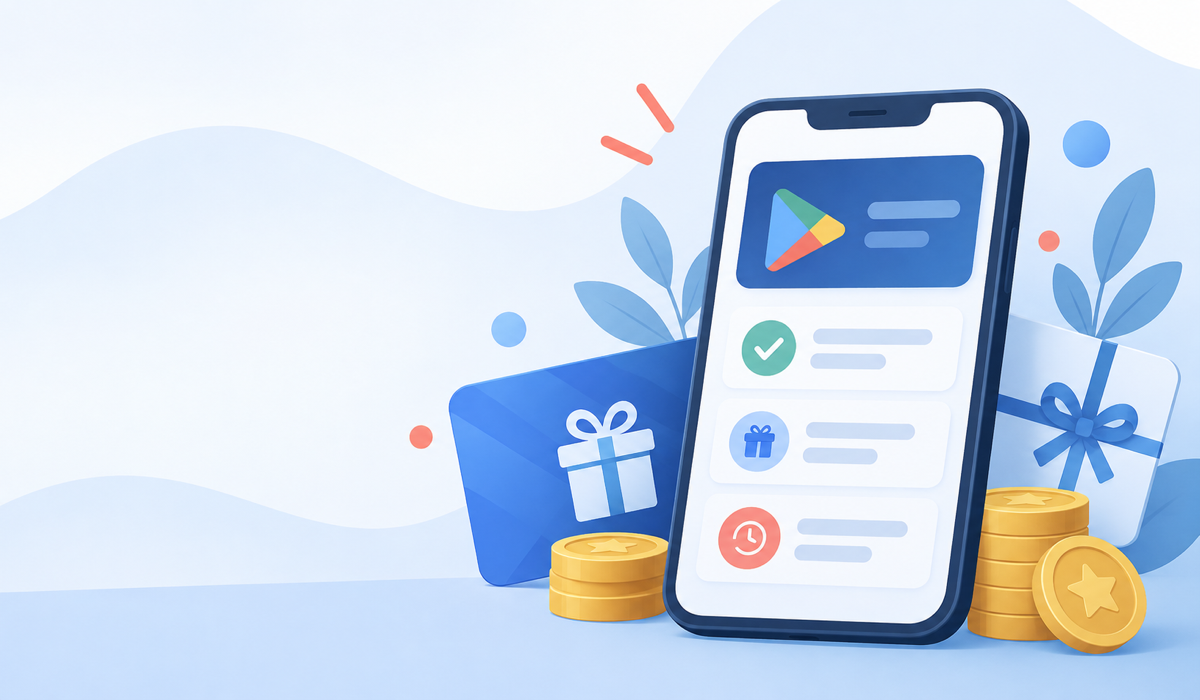 Smartphone rewards dashboard with gift cards and coins for Google Play giveaway updates